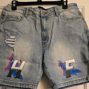 Homme and Femme Hand Paint Logo Distressed Denim Jean Shorts